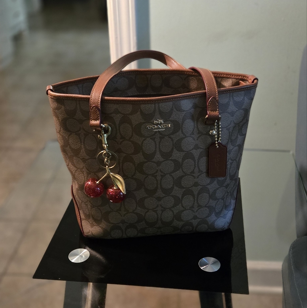 Coach Outline Signature Zip Tote Bag Brown Tan Pre-owned Like New .